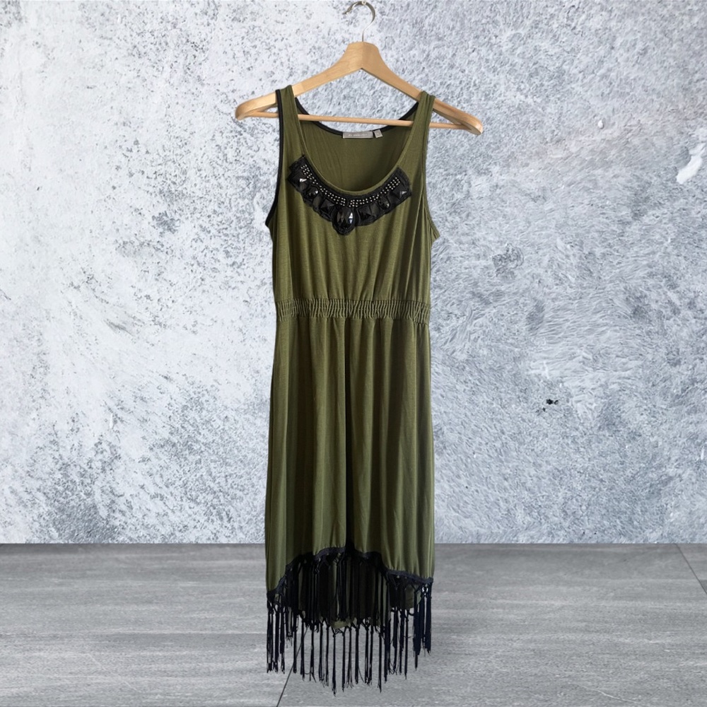 #54 NY Collection Small Green Dress Tassels Silver Black Neckline